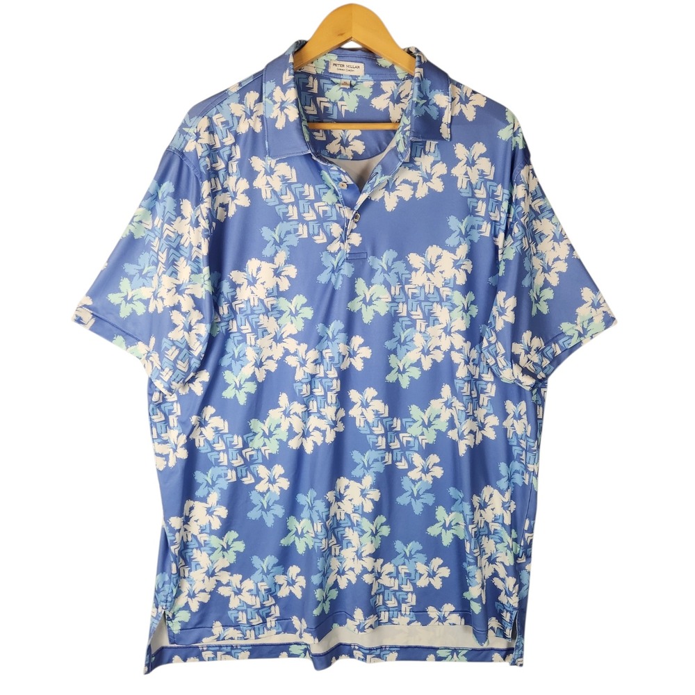 Peter Millar Polo Men's XL Blue Floral Summer Comfort Performance Stretch